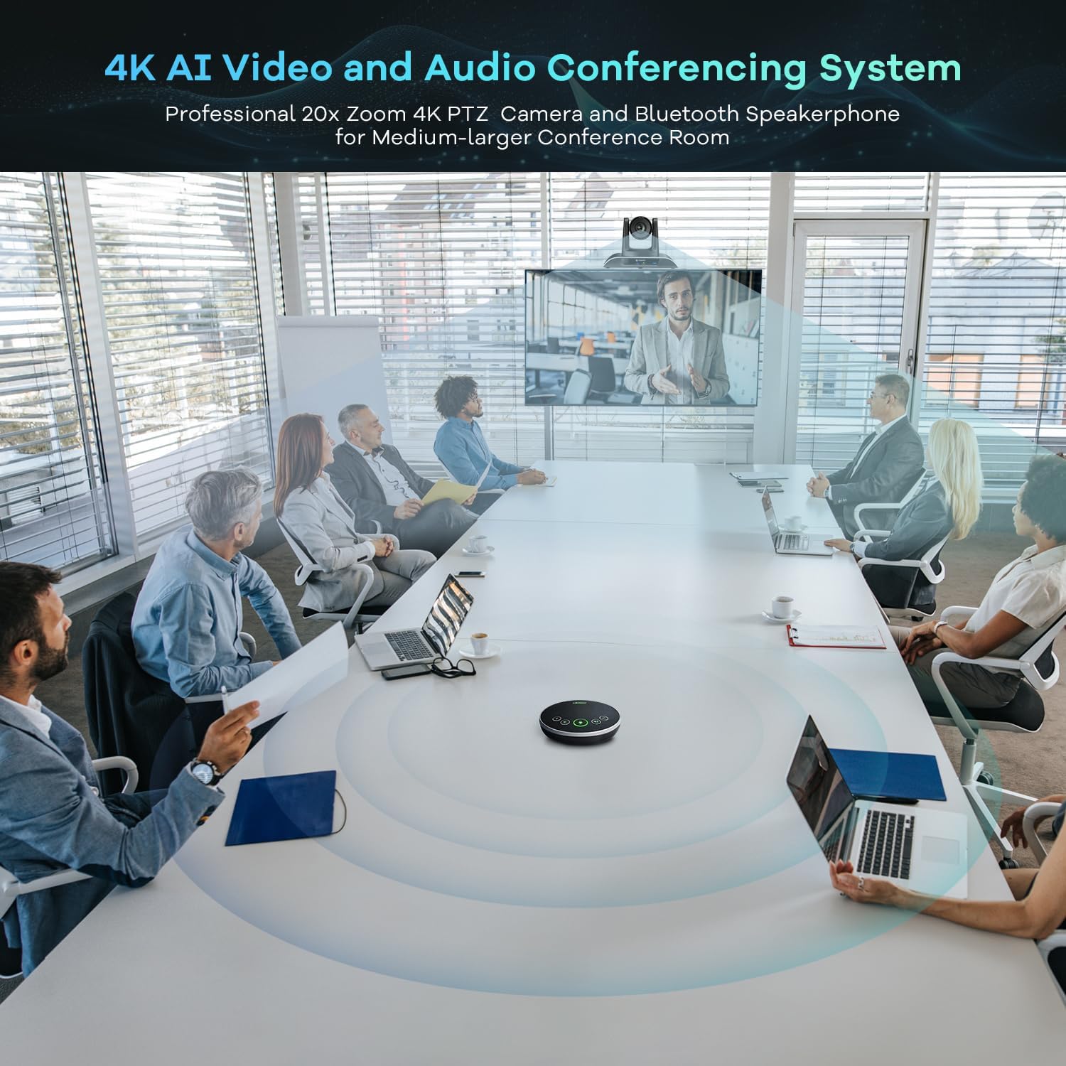 4K PTZ Conference Room Camera System AI Auto-Tracking 20x Zoom 4K PTZ Camera USB3.0 HDMI LAN outputs and Bluetooth Speakerphone with Microphone for Large Remote Meeting