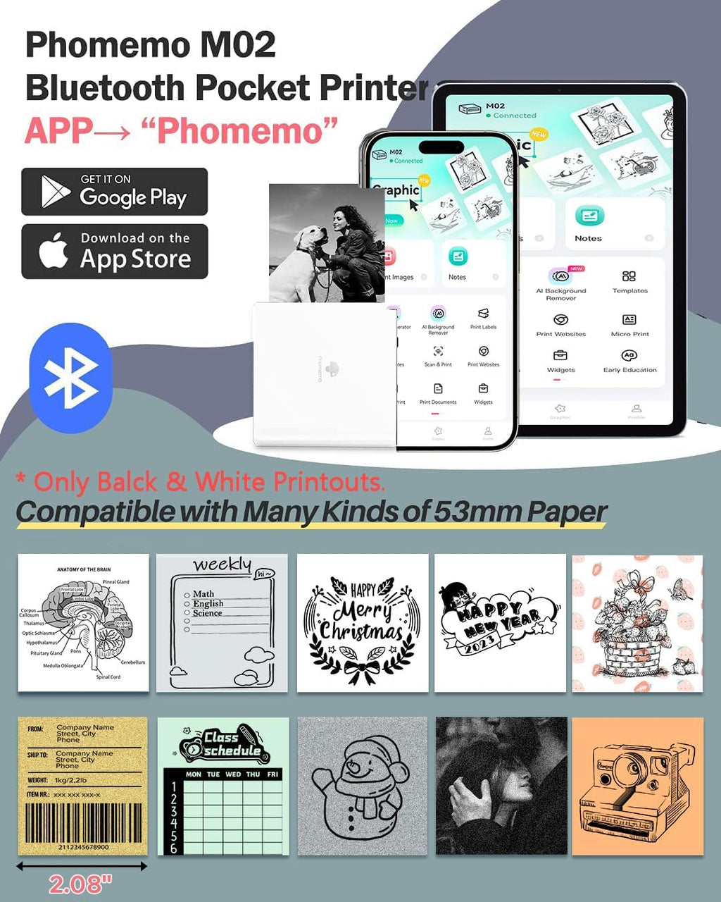 Phomemo Sticker Printer- Mini Thermal Sticker Printer Machine, Small Pocket Label Maker Instant Print for DIY Creation, Study Notes, Photos, Portable Inkless Photo Maker for Kids/Students, White