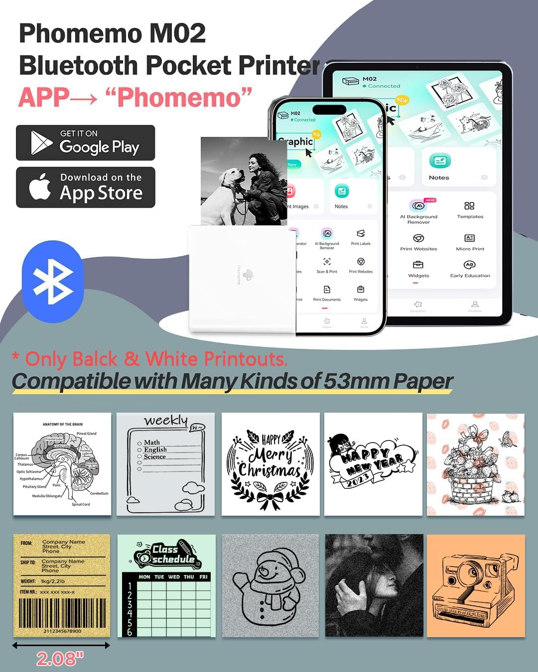 Phomemo Sticker Printer- Mini Thermal Sticker Printer Machine, Small Pocket Label Maker Instant Print for DIY Creation, Study Notes, Photos, Portable Inkless Photo Maker for Kids/Students, White