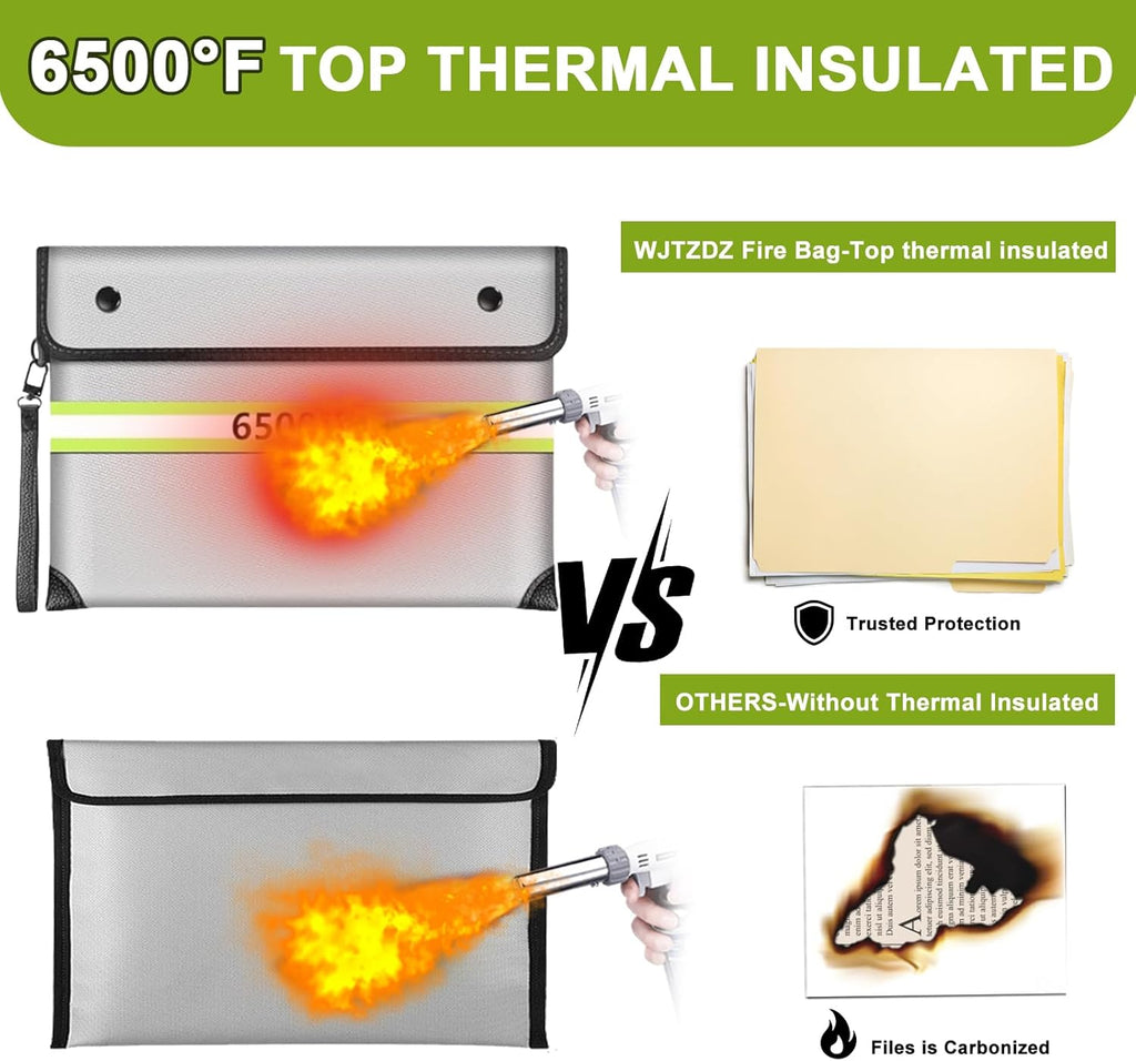 6500°F Upgraded Fireproof Money Bag,10 Layers of Heat Insulated Materials,Fire Proof Box with Waterproof Zipper/Reflective Strip,Document Bag with Handle for Cash,Important Documents（Not Fit A4 Files）