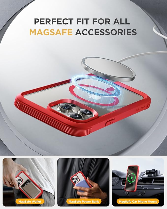 Miracase Magnetic for iPhone 15 Pro Case Full-Body Bumper Phone case with Built-in Glass Screen Protector& Camera Protector, Military Drop Proof 15 Pro Cover, Magnetic Red