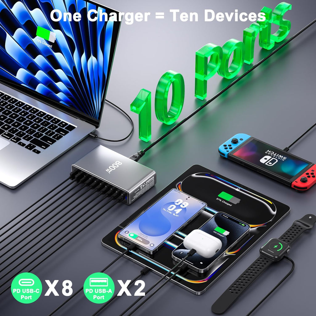 USB C Charger Station 800W GaN USB C Charging Block, 10-Port Fast Charger Hub with Multiple Power Outputs, Compatible with Laptop, MacBook, iPad, iPhone 16/17/15/14/13/Pro Max, Samsung Galaxy S24 S23