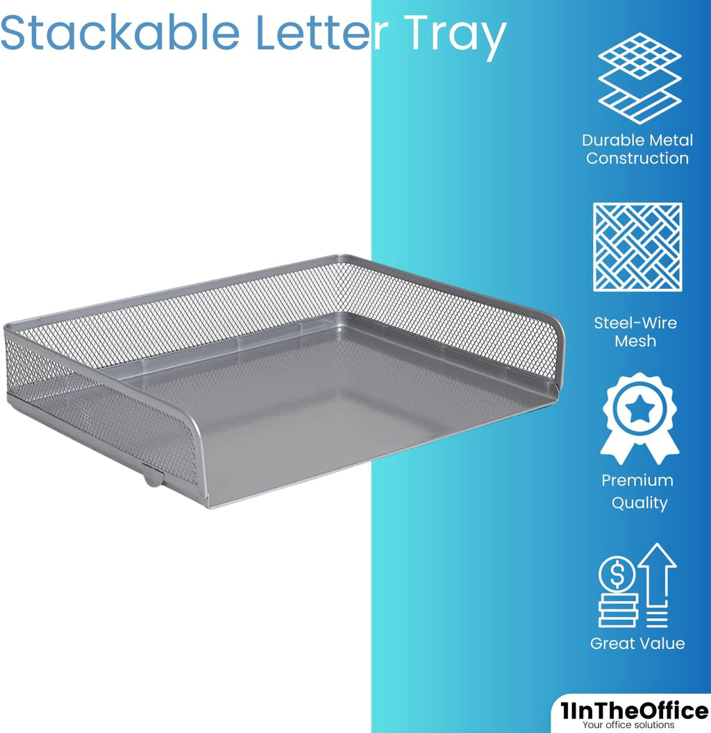 Stackable Side Load Letter Tray, Silver Wire Metal Mesh Paper Tray Organizer, "2 Trays"