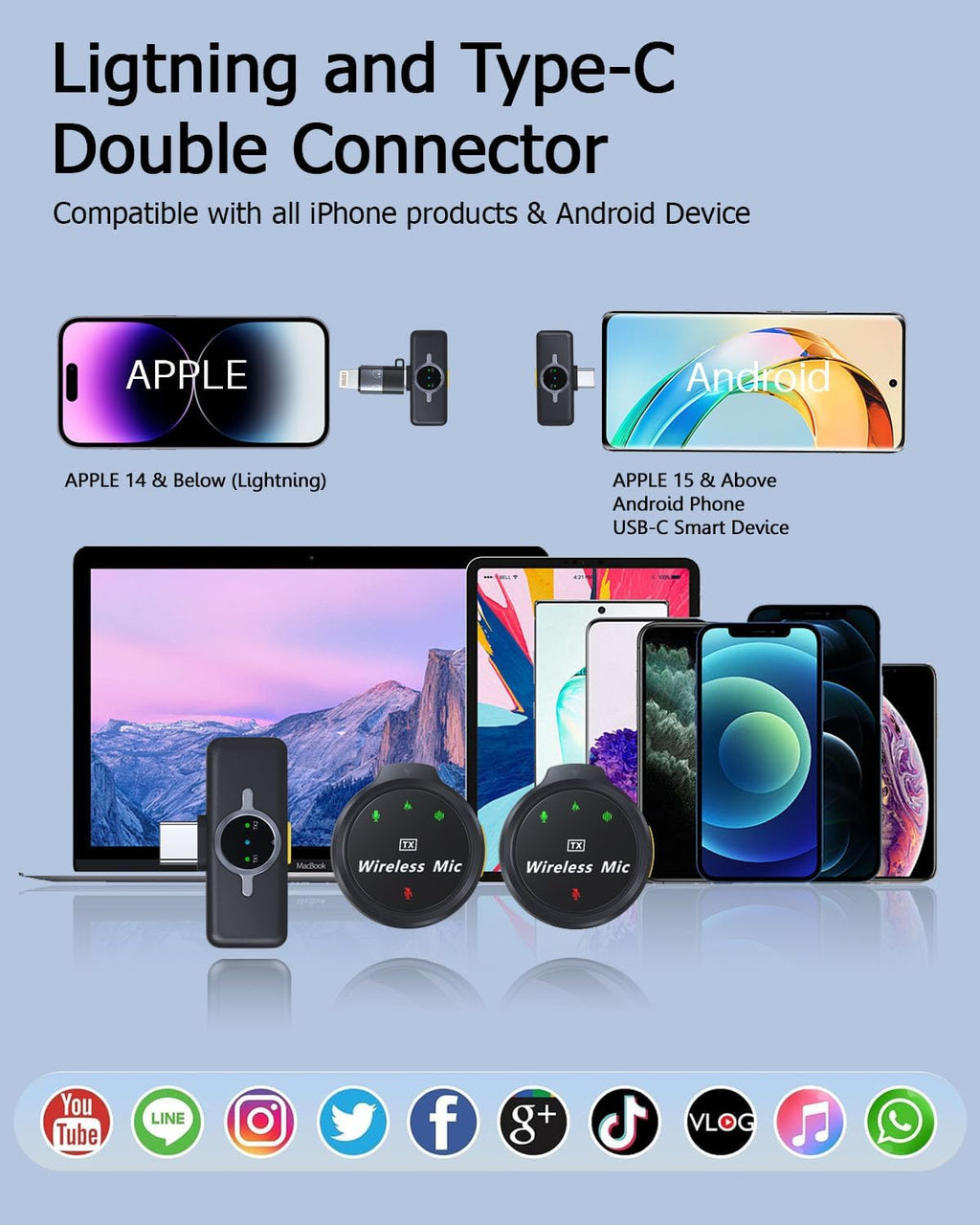 2Pack Wireless Lavalier Microphone for iPhone iPad Android with Charging Case, Mini Clip/Magnetic Mic for Lightning/USB-C Smart Device Video Recording, Vlogging, YouTube, Interviews, 300FT