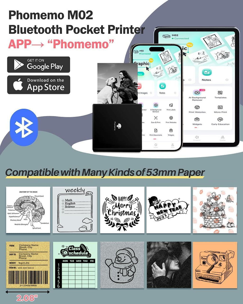 Phomemo Mini Sticker Printer- Mini Printer Sticker Maker Machine M02, Print Pods Suitable for Creative DIY, Diaries, Photos, Study Notes, Portable Thermal Inkless Label Maker for Home/Travel, Black