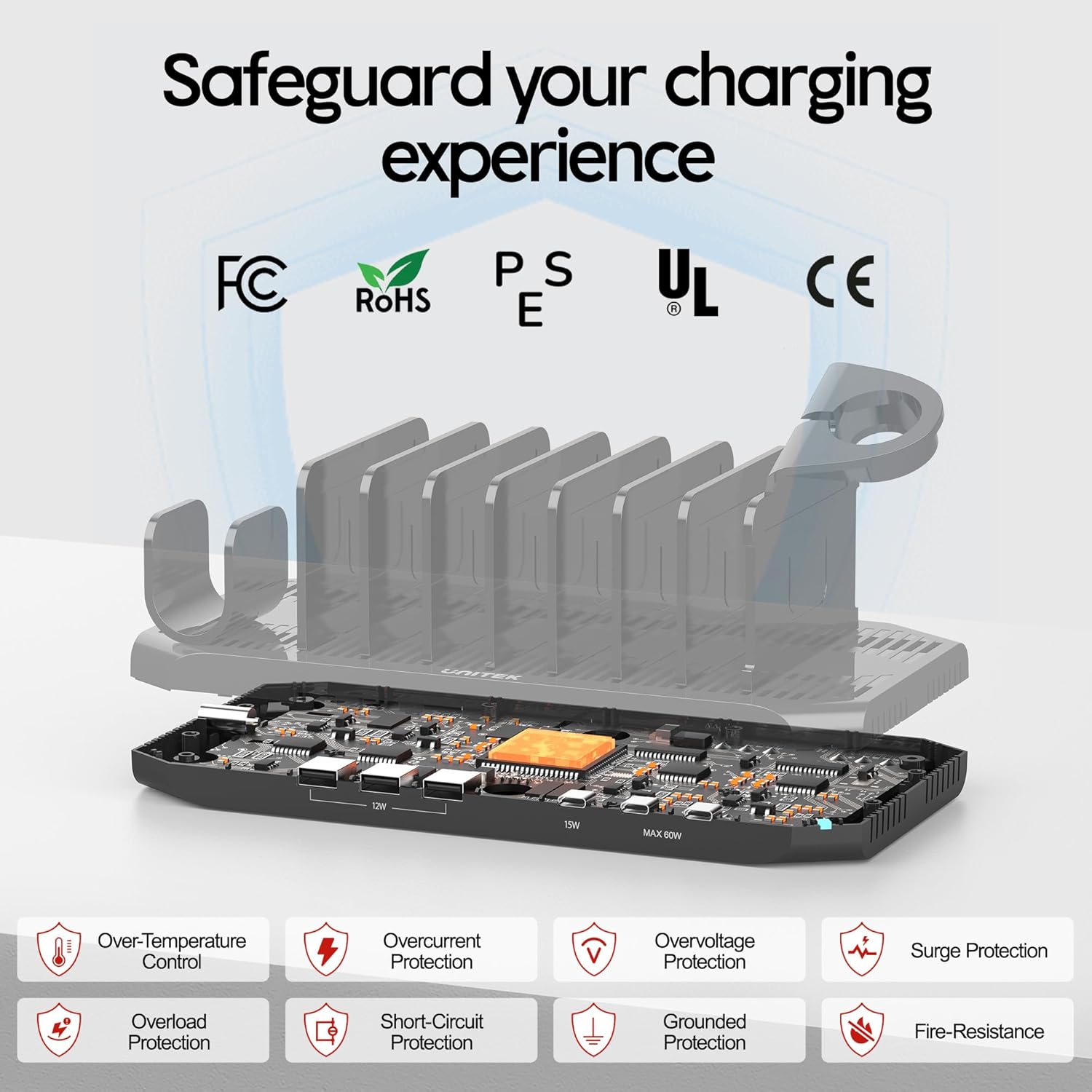 Unitek USB C Charging Station for Multiple Devices Apple - 6 Port MacBook Laptop Charging Dock with Type-C PD 60W Fireproof Fast Charging Stand with Smartwatch & Airpods Holder for iPhone iPad Tablet