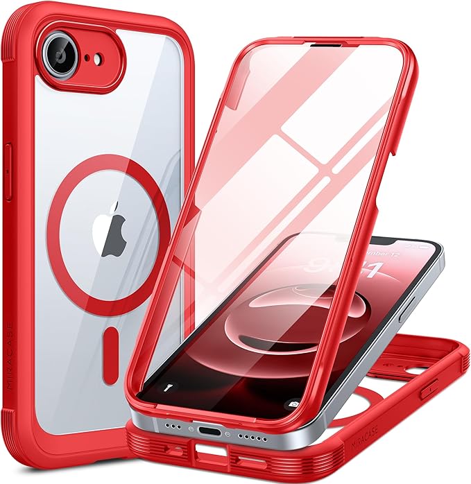Miracase Magnetic for iPhone 16e Case Full-Body Phone with Built-in Glass Screen Protector, [Compatible with MagSafe] Military Drop Proof 16E Cover Bumper 6.1 inch, Red