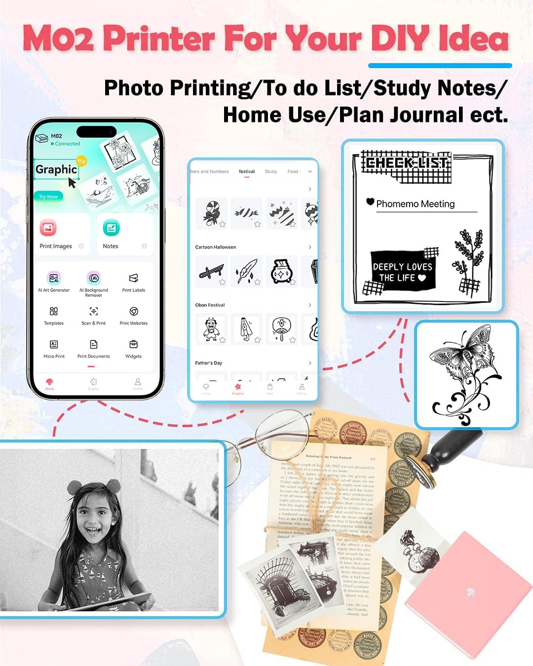 Phomemo Mini Sticker Printer- Mini Printer Sticker Maker Machine M02, Print Pods Suitable for Creative DIY, Diaries, Photos, Study Notes, Portable Thermal Inkless Label Maker for Home/Travel, Pink