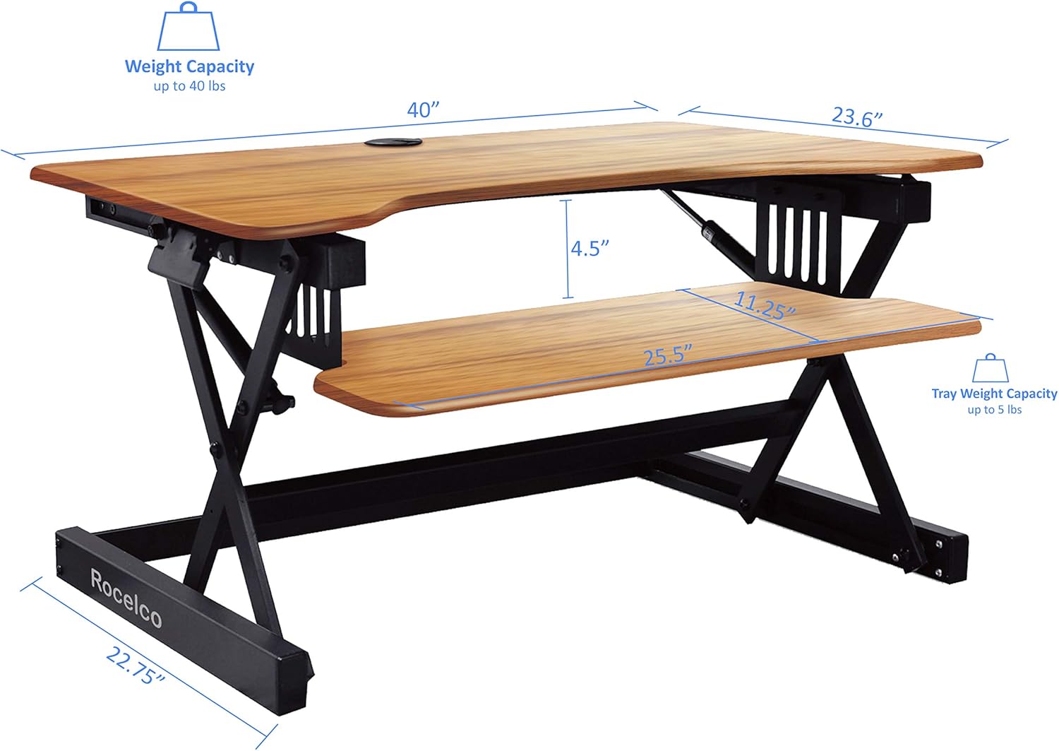 Rocelco 40" Large Height Adjustable Standing Desk Converter with Dual Monitor Stand BUNDLE - Quick Sit Stand Up Computer Workstation Riser - Retractable Keyboard Tray - Teak (R DADRT-40-DMS)