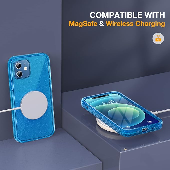 Miracase Glass Series for iPhone 12/12 Pro Case 6.1 inch, Upgraded Full-Body Rugged Phone Bumper Case Cover with Built-in 9H Tempered Glass Screen Protector and Camera Protector, Glitter Blue