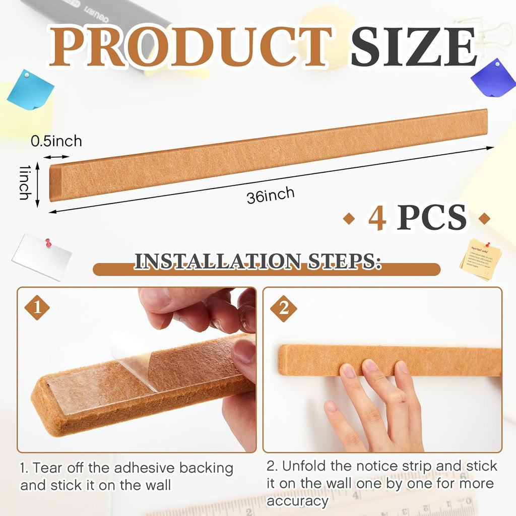 4 Pcs 36" x 1" Felt Cork Strips Bulletin Bar Strip for Wall Bulletin Board Decoration, Notice Board Self Adhesive Cork Wall Decoration, Paste Note, Photo, Schedules, Office Home Decor(Brown)