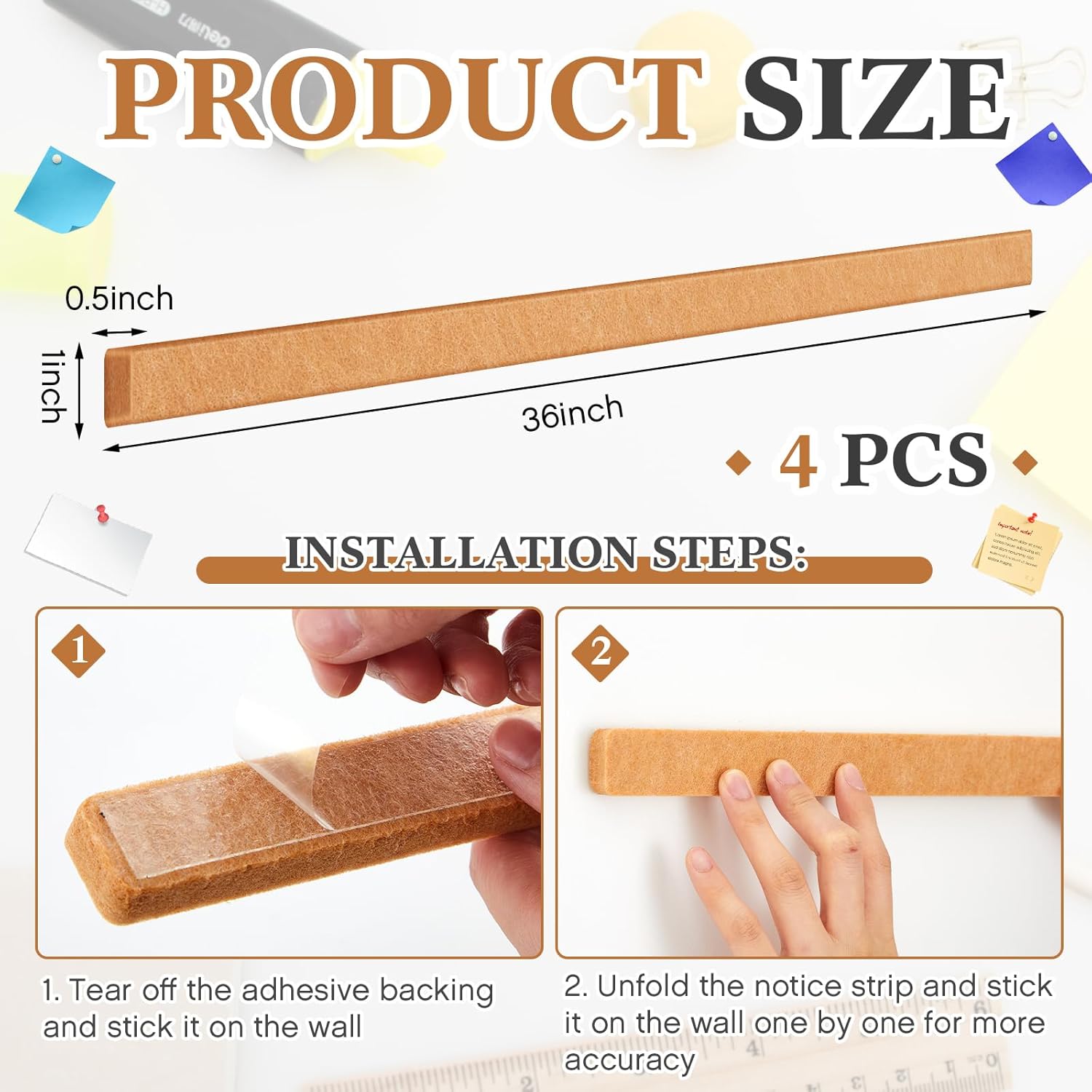 4 Pcs 36" x 1" Felt Cork Strips Bulletin Bar Strip for Wall Bulletin Board Decoration, Notice Board Self Adhesive Cork Wall Decoration, Paste Note, Photo, Schedules, Office Home Decor(Brown)
