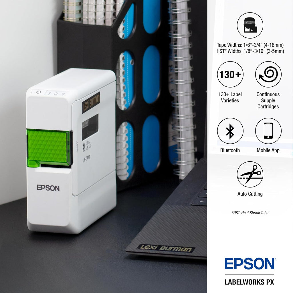 LABELWORKS Epson LW-C410PX Portable Bluetooth Label Machine Printer for Home and Office – Efficient, Create Sticker Labels for Crafts and Organization, Designer Tape Supported, App Compatible