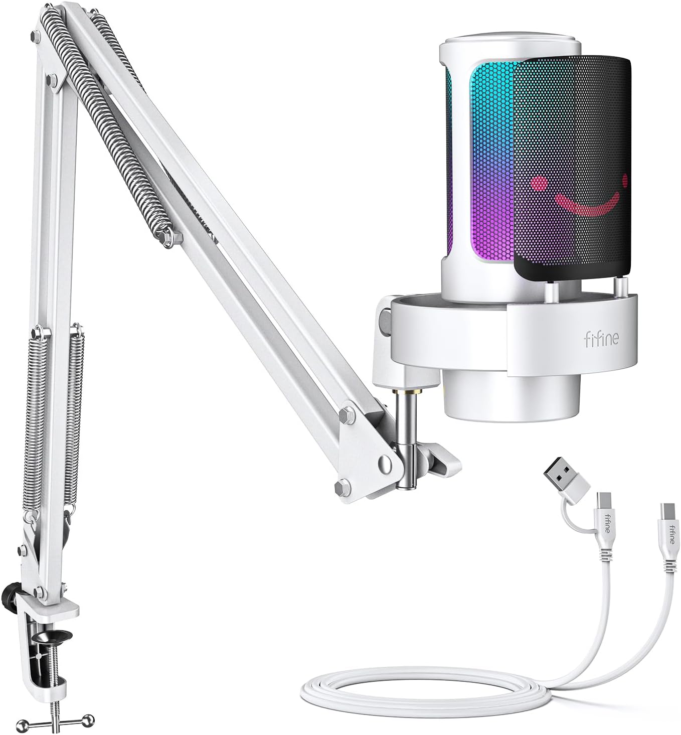 FIFINE Gaming PC USB Microphone Kit, Condenser RGB Mic with Metal Boom Arm, Mute, Gain Knob, Headphones Monitoring, Streaming Microphone Bundle for PS4/PS5, YouTube, Discord, Twitch-A8T White