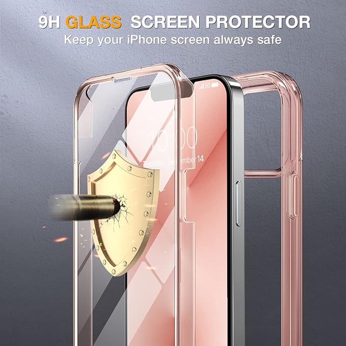 Miracase Glass Case for iPhone 13 Pro Max 6.7 inch, Upgrade Full-Body Clear Bumper Case with Built-in 9H Tempered Glass Screen Protector for iPhone 13 Pro Max, Clear Pink