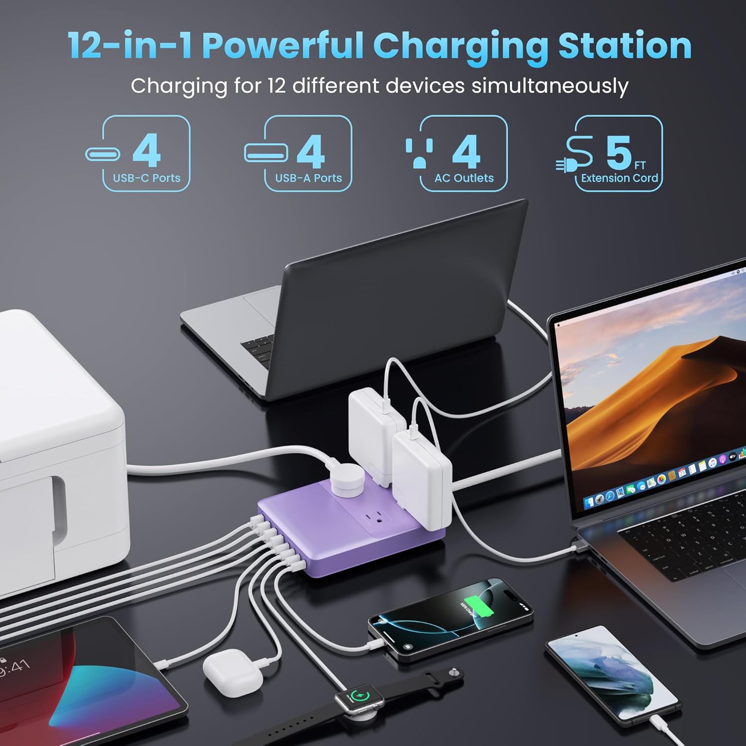 12-in-1 Charging Station USB C Power Strip with 5ft Cord,200W GaN IV USB C Charger Block,4 AC Outlets,4 USB-A,4 USB-C for MacBook,iPhone 16/15/14,Fast Charging Desktop Charger for Office (Purple)