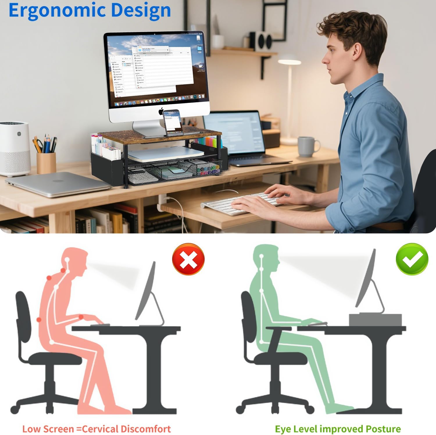 Wood Desk Organizers and Accessories, 2-Tier Computer Monitor Stand Riser with Drawer, Pen Storage & Phone Holder, Office Desk Accessories, Workspace Desktop Organization for Office Supplies（Brown）