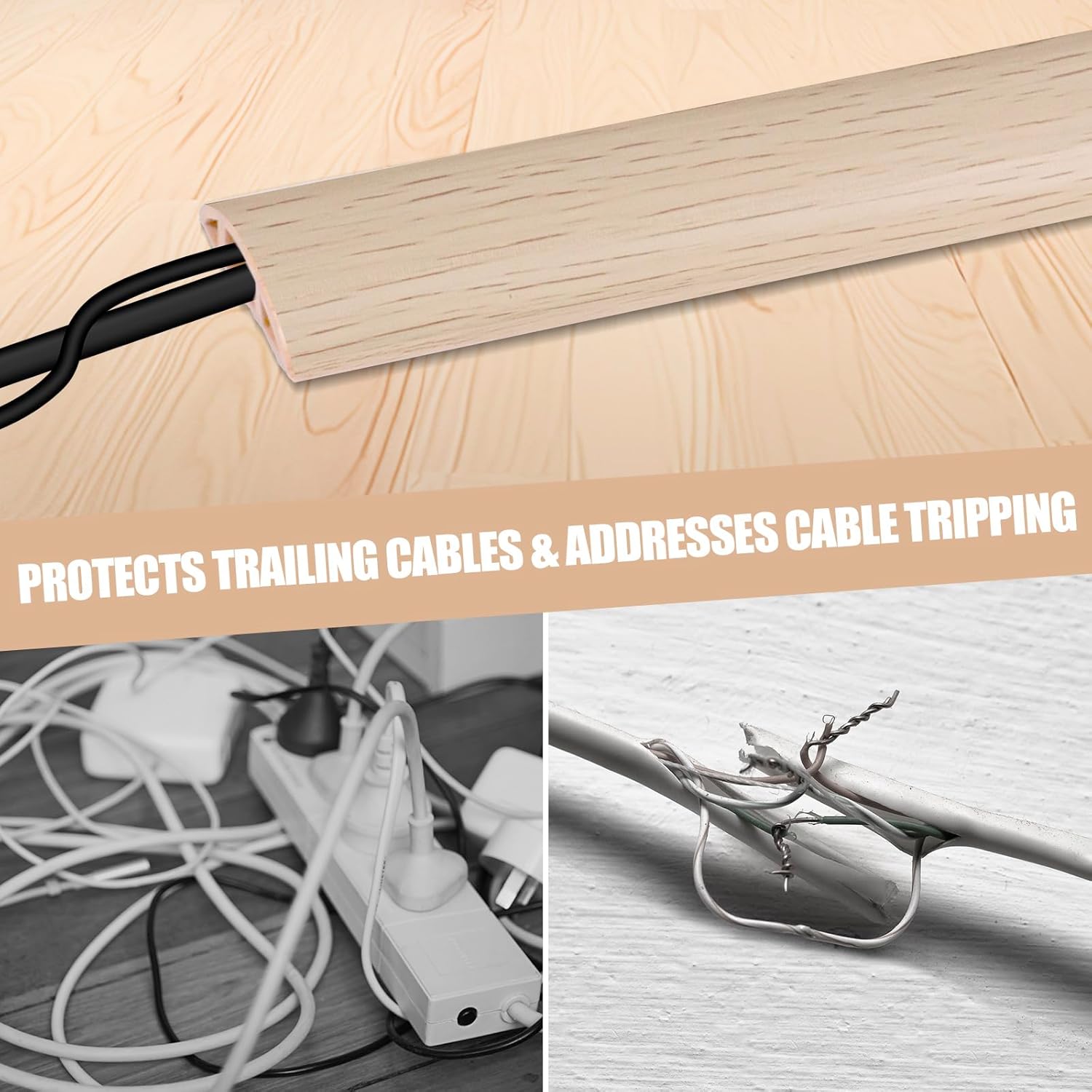 Floor Cord Cover Self Adhesive Cord Hider,20FT Cable Management, Extension Strip Protector for Wires, Prevent Cable Trips for Offices, Gyms, Exhibitions Cavity:0.39"(W) x 0.27"(H) Yellow Wood