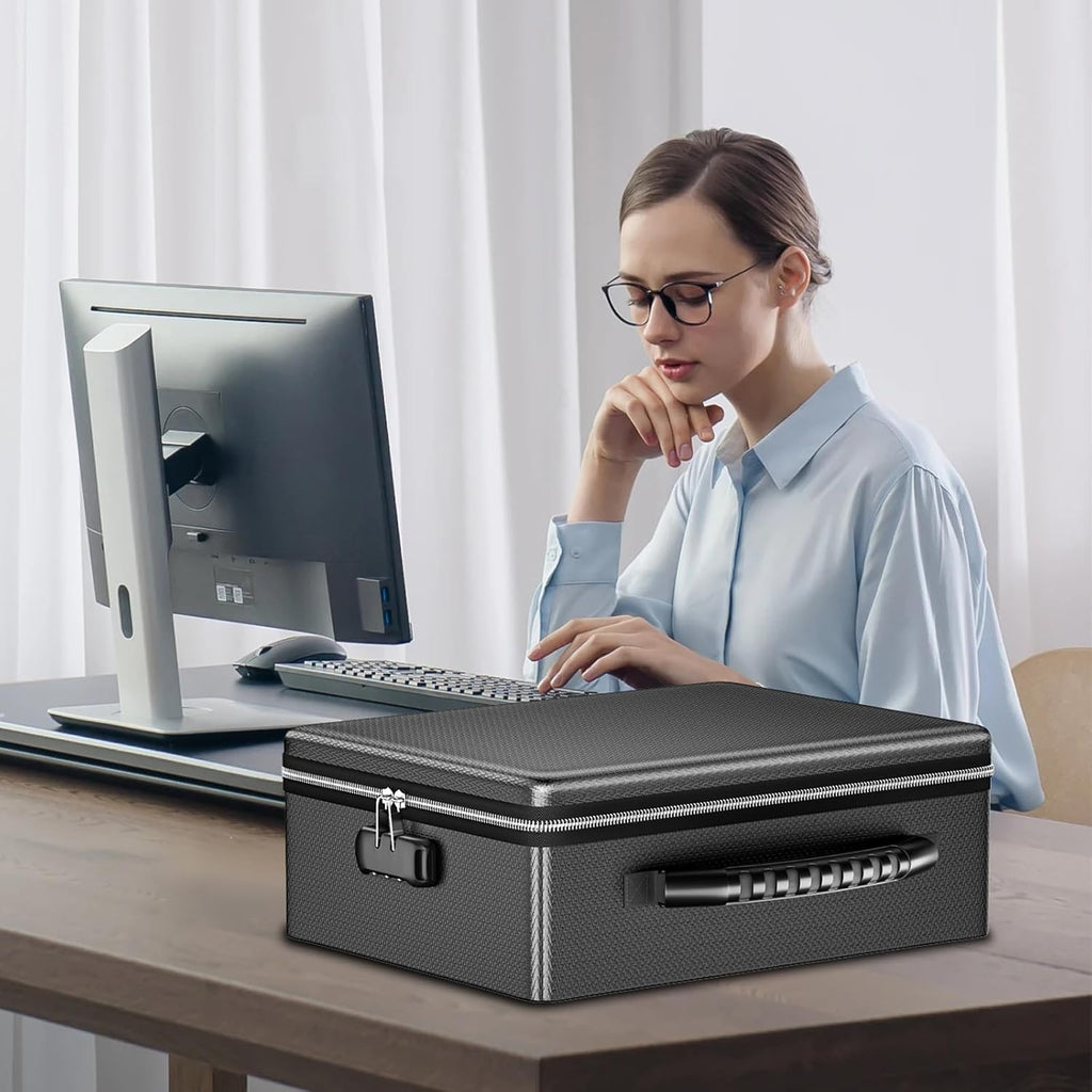 ENGPOW Fireproof Document Box with Lock, Fireproof Water Resistant Heat Insulated Safe Box Hard Case with Fireproof Zipper, Portable Home Office Travel File Organizer for Important Documents and More