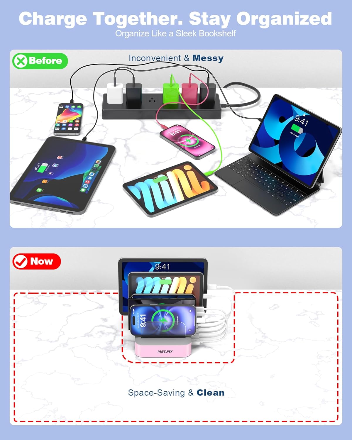 MSTJRY Charging Station for Multiple Devices : 5 Port Multi USB-A Charger Stations Multi-Device Organizer Charging Dock Designed for iPhone iPad Cell Phone Tablets (7 Short Cables Included), Pink