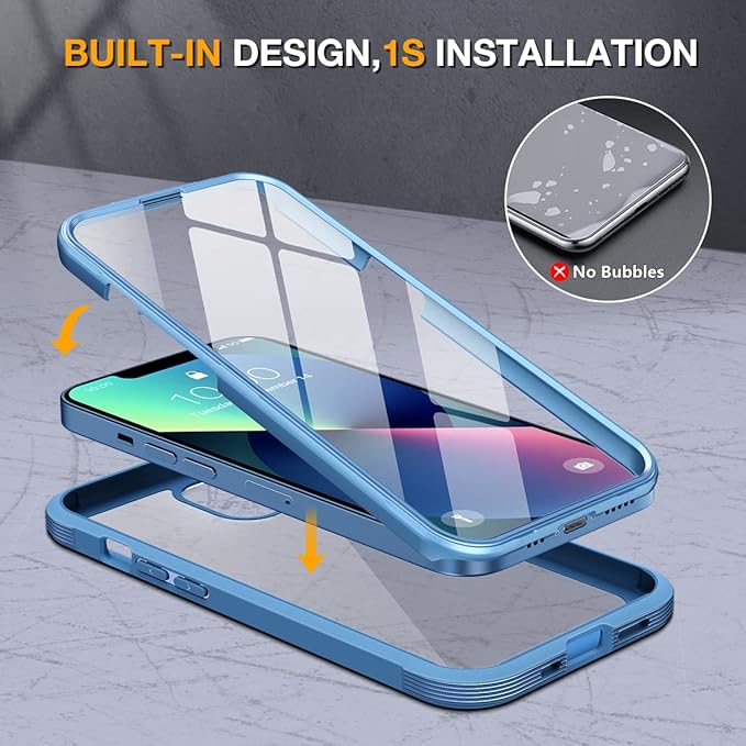 Miracase Compatible with iPhone 13 case 6.1 inch, 2023 Upgrade Full-Body Glass Clear Case Bumper Case with Built-in 9H Tempered Glass Screen Protector for iPhone 13 (Capri Blu)