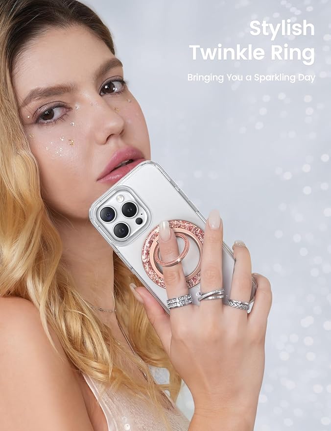 Lamicall Magnetic Twinkle Ring for MagSafe Grip - Stylish Glitter for Mother, Magnet Phone Ring Finger Holder Stand, Upgrade Gear Hinge Mag Safe Accessories for iPhone 16 15 Pro Max, Rose Gold