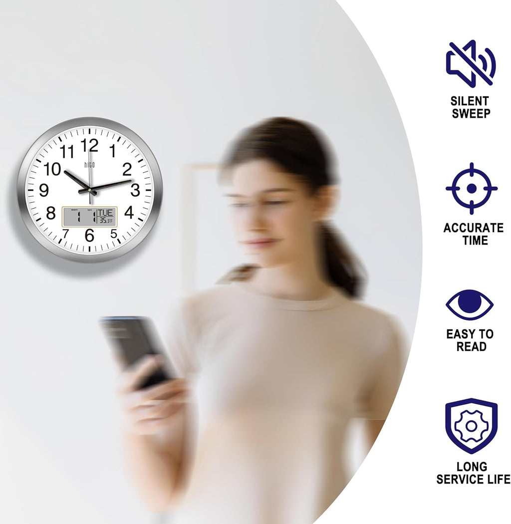 HITO 14 Inch Silent Wall Clock Battery Operated with Temperature and Date, Large Wall Clock for Living Room Decor, Office, Classroom, Bedroom