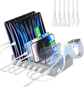 SooPii Premium 6-Port USB Charging Station Organizer for Multiple Devices, 6 Short Charging Cables and One Upgraded i-Watch Charger Holder Included, for Phones,Tablets and Other Electronics, Silver