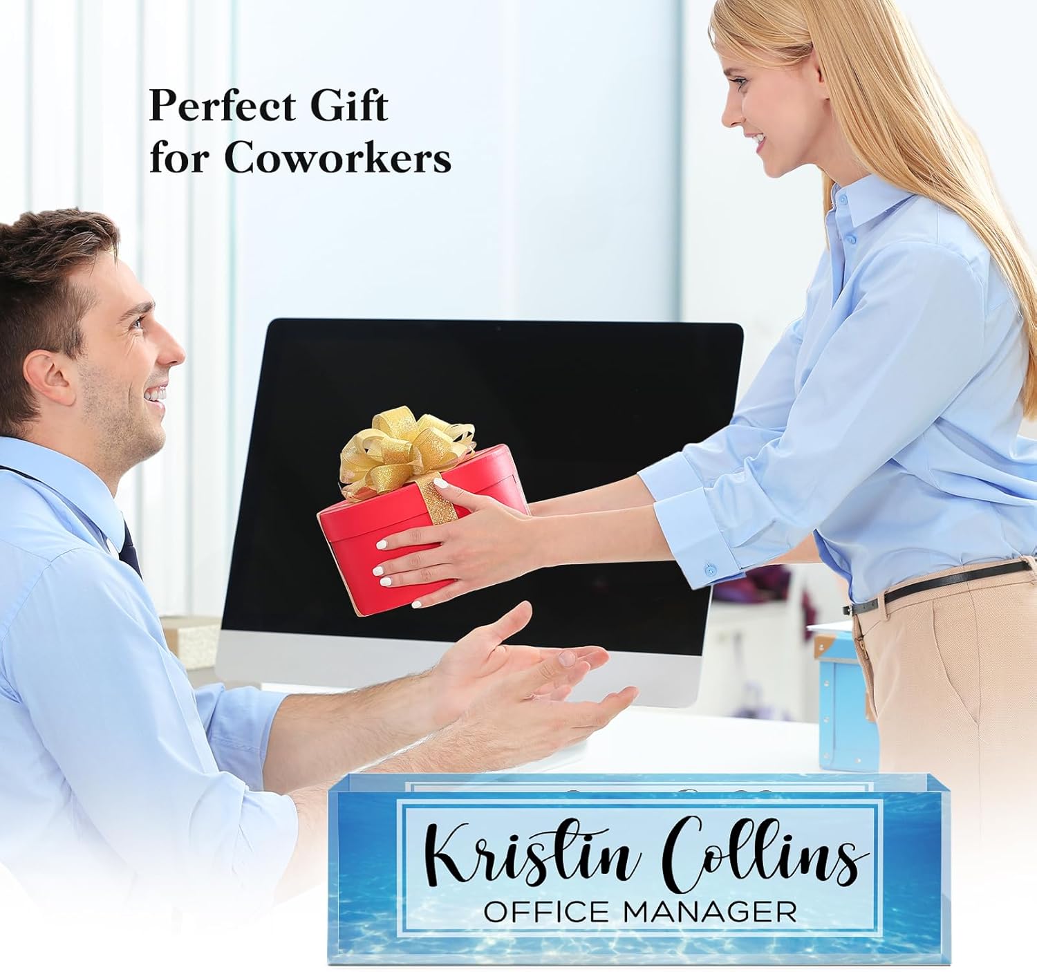 Custom Name Plate for Desk, Acrylic Office Decor For Women Men, Personalized Office Desk Accessories, Teacher Employee Appreciation Gifts For Social Worker Boss Coworkers (Sea)