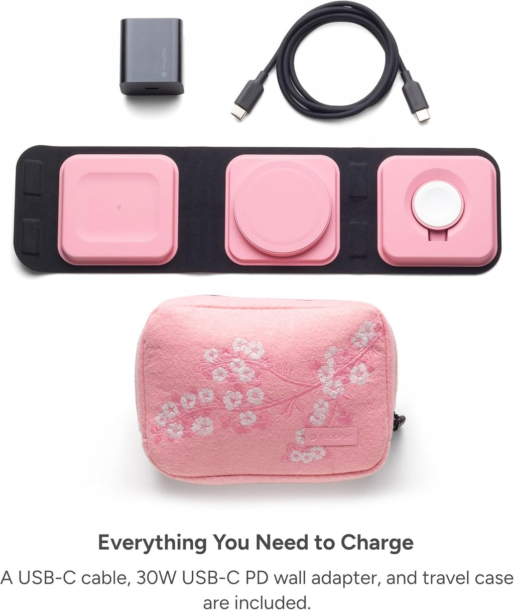 Mophie 3-in-1 Travel Charger with MagSafe - Portable Wireless Charging Hub, Compatible w/iPhone 17/16/15/14/13/12 Series, Apple Watch Series 11 to 1 & Ultra, AirPods Pro/3rd Gen, Cherry Blossom Pink