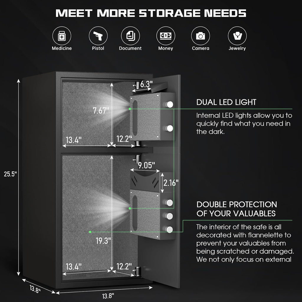 Large Double Door Safe Box Fireproof Waterproof, 6.0 Cu ft Security Safe with LED Light and Dual Alarm System, Home Safes Digital Keypad and Mute Function, Security Lock Box for Money and Valuables