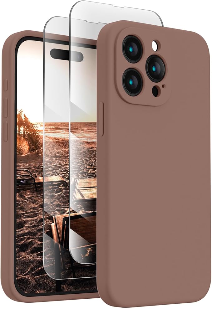 FireNova Designed for iPhone 15 Pro Case, Silicone Upgraded [Camera Protection] Phone Case with [2 Screen Protectors], Soft Anti-Scratch Microfiber Lining Inside, 6.1 inch, Light Brown