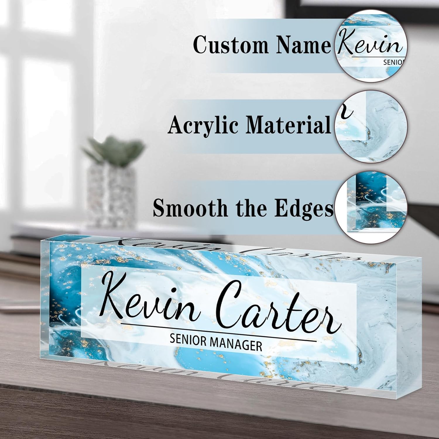 Name Plate for Desk Personalized, Acrylic Desk Decorations, Employee Appreciation Gifts, Custom Office Gifts for Coworkers, Boss, Teacher, Nurse (Blue Gold Marble)