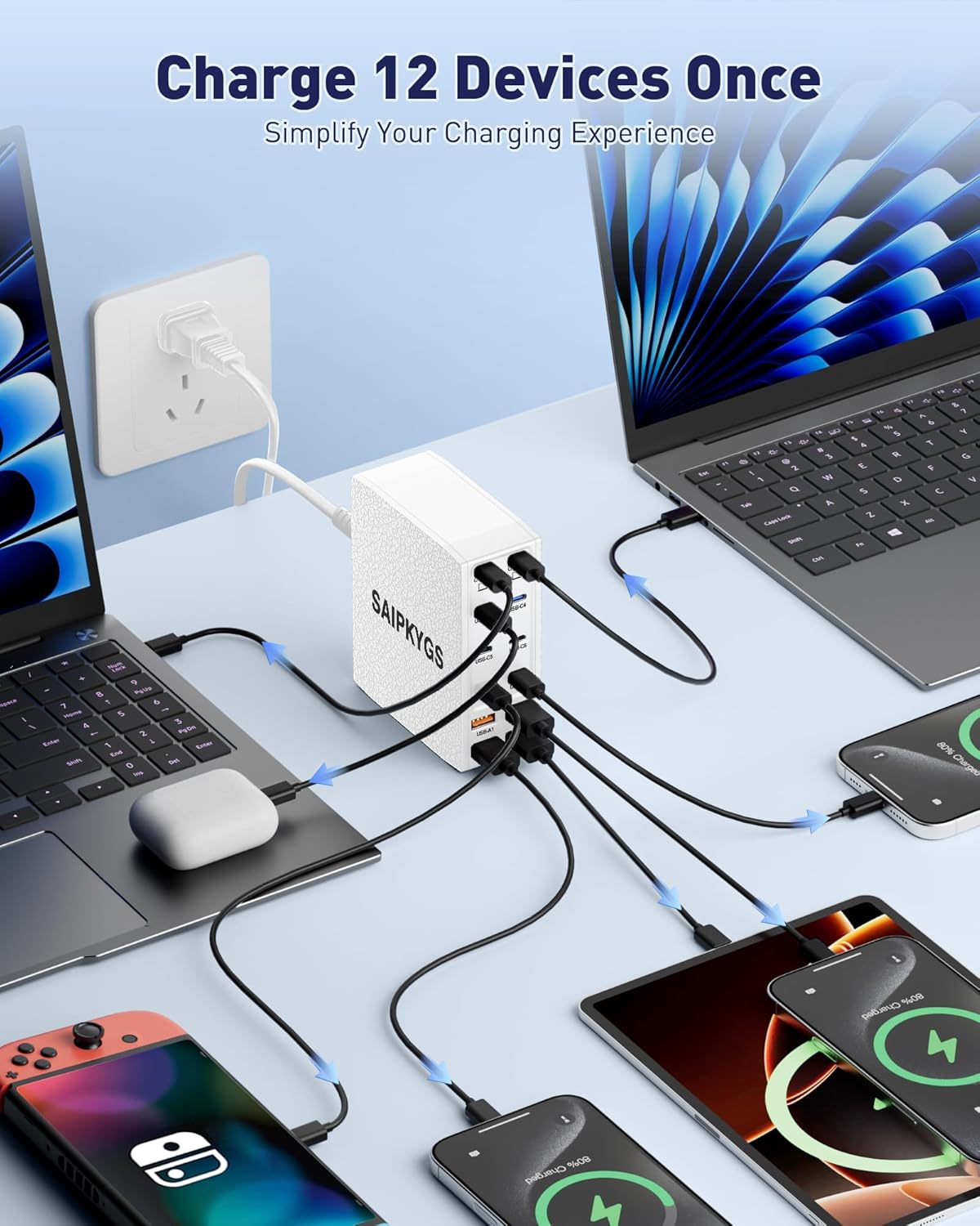 USB Charging Station (600W),12-Port USB C Charger Block with Dual 100W PD USB-C Fast Charging Station Hub for MacBook Pro/Air/All iPad Phone 17/16 15/14/13/Pro Max/Samsung Galaxy Note(White)