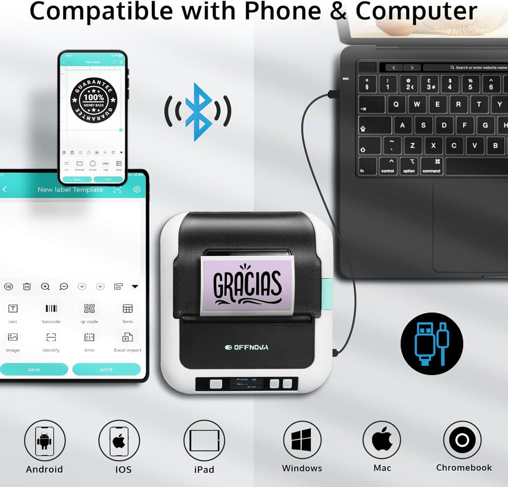 OFFNOVA Label Maker, 3-Inch Barcode Label Printer, Bluetooth Thermal Label Printer for Address, Shipping, Product Tags, Home, School & Office, Sticker Printer for Phones & PC with 1 Tape
