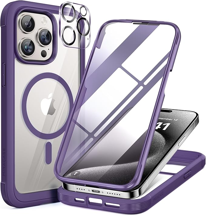 Miracase Magnetic for iPhone 15 Pro Case [Compatible with MagSafe] Full-Body Bumper Phone case with Built-in Glass Screen Protector& Camera Protector, Military Drop Proof 15 Pro Cover, Magnetic Purple
