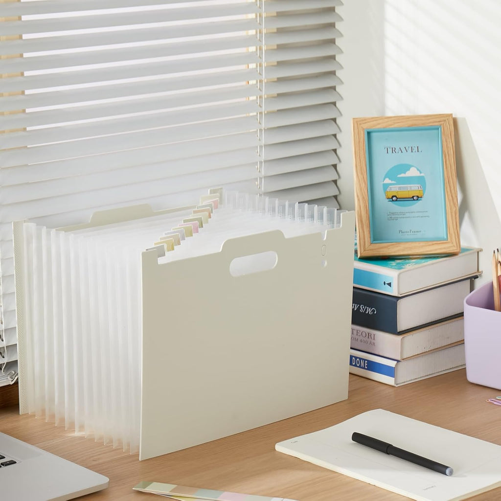 2-Piece Accordion Folder Manager, 12 Grid Expansion Pages, Portable Monthly Bill and Receipt Manager That Opens Upright, Colored Labels, School, Home, and Office letterhead Size, Tender Yellow