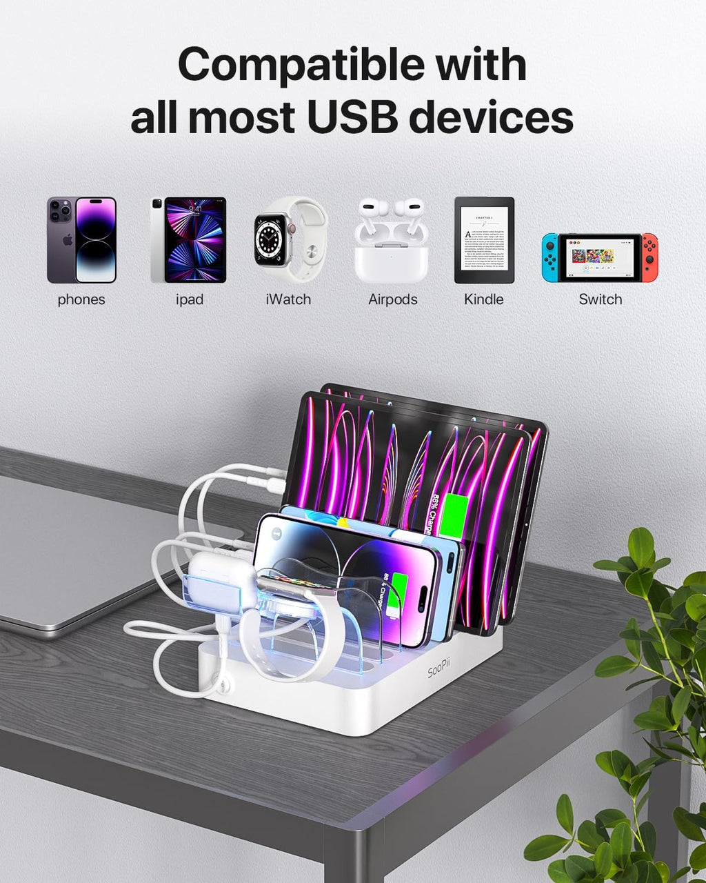 SooPii Premium 6-Port USB Charging Station Organizer for Multiple Devices, 6 Short Charging Cables and One Upgraded i-Watch Charger Holder Included, for Phones, Tablets, and Other Electronics, White