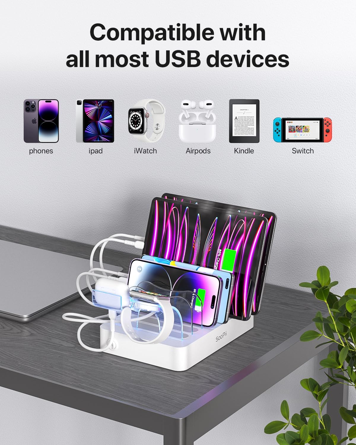 SooPii Premium 6-Port USB Charging Station Organizer for Multiple Devices, 6 Short Charging Cables and One Upgraded i-Watch Charger Holder Included, for Phones, Tablets, and Other Electronics, White
