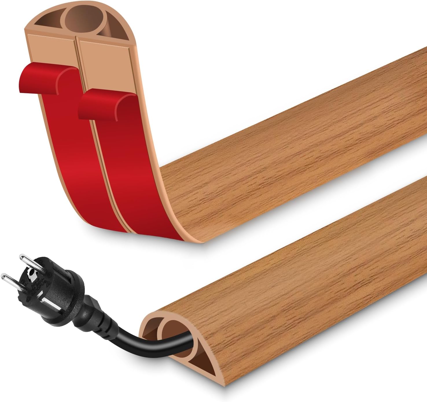 Floor Cord Cover for Wires on Floor Self Adhesive Cord Hider Floor Cable Management Wire Covers for Cords Protector Prevent Cable Trips Cord Cavity W 0.32" x H 0.32", Brown Wood, 20Ft