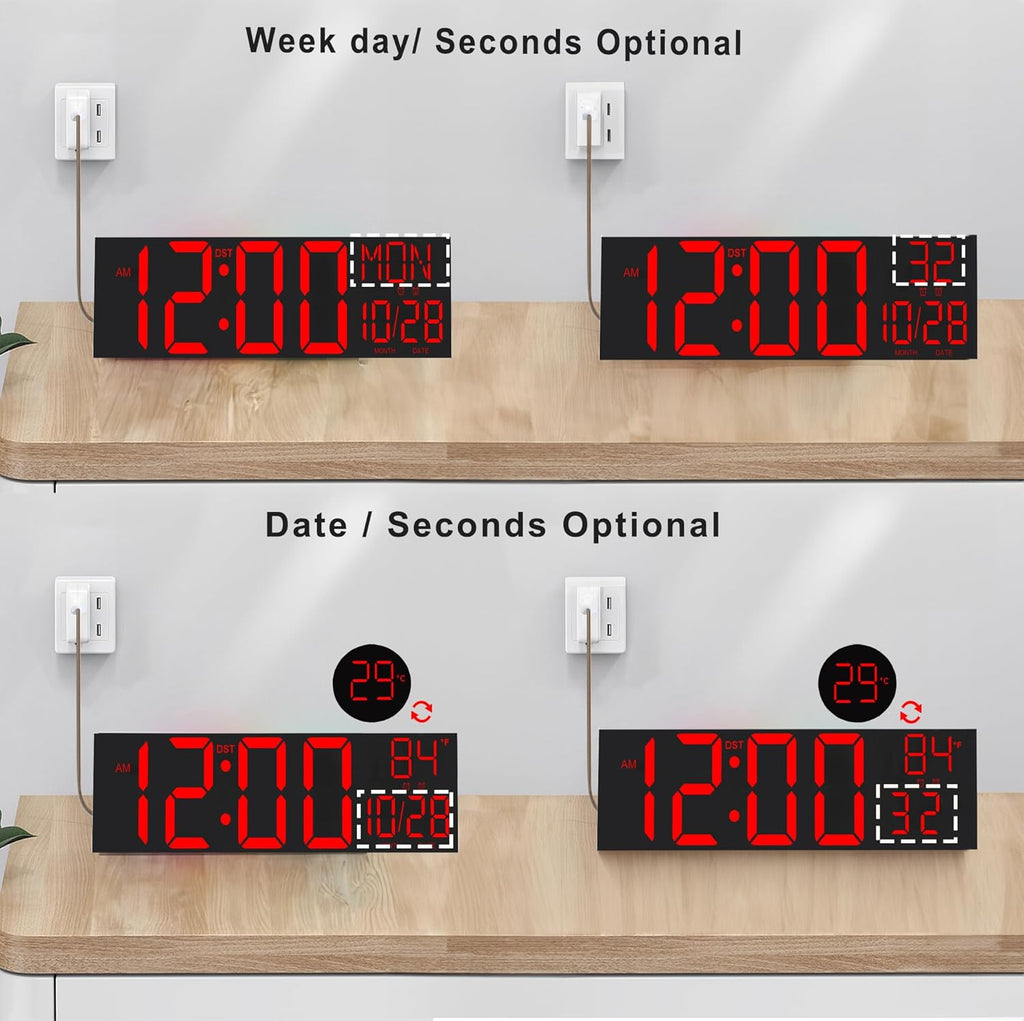 JALL 30" Large Digital Wall Mount Clock with Remote Control, Alarm, Big LED, Countdown, Auto DST, Temperature for Living Room Classroom Desk, Xmas, Birthday Gift, Black Shell Red Font