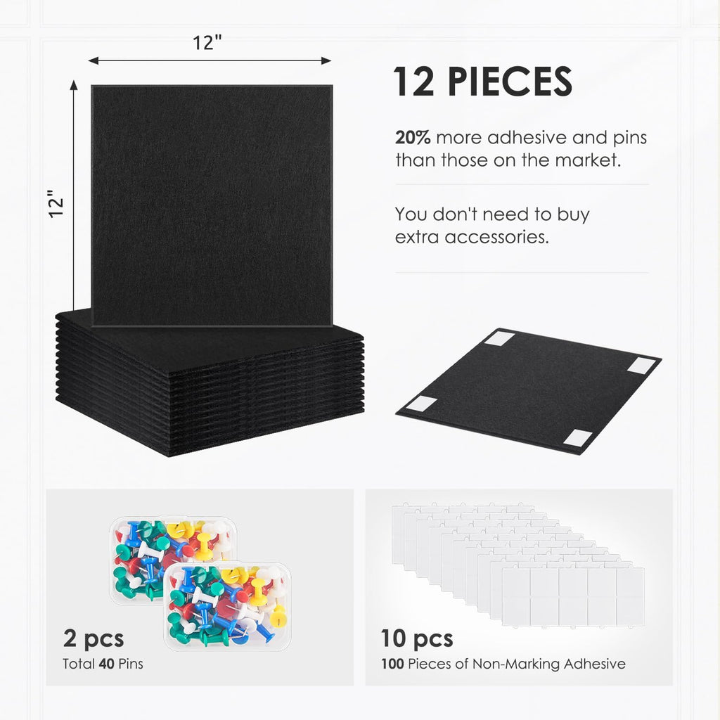 Cork Board for Wall,48"x36" 12 Pack Felt Wall Tiles with Safe Removable Adhesive Tabs, Bulletin Boards for Home Office Kitchen, Pin Board Notice Board for Photos, Memos, Black