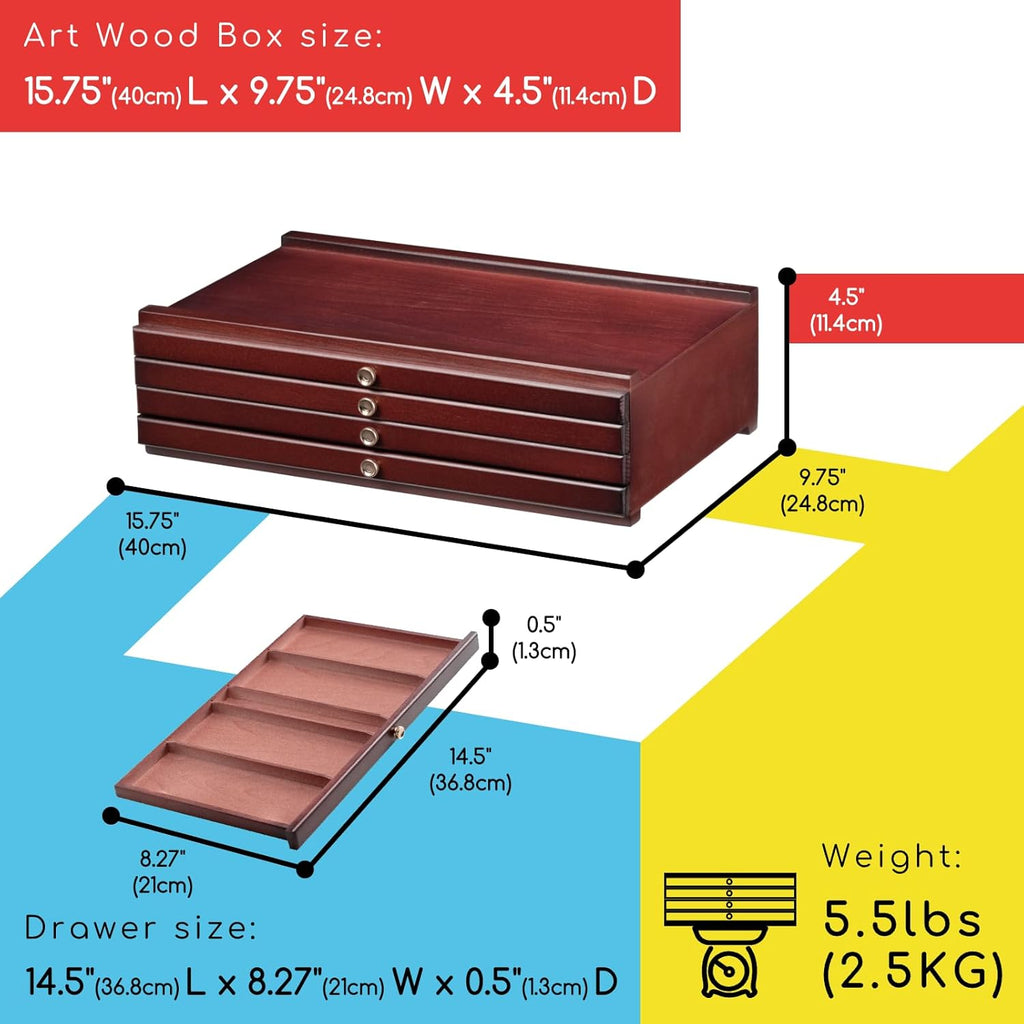 MEEDEN 4-drawer Wood Artist Supply Storage Box, Portable Beechwood Multifunctional Pencil Brush Organizer Wood Box with Drawer&Compartments for Pastels, Pencils, Pens, Makeup Brushes(Mahogany Color)