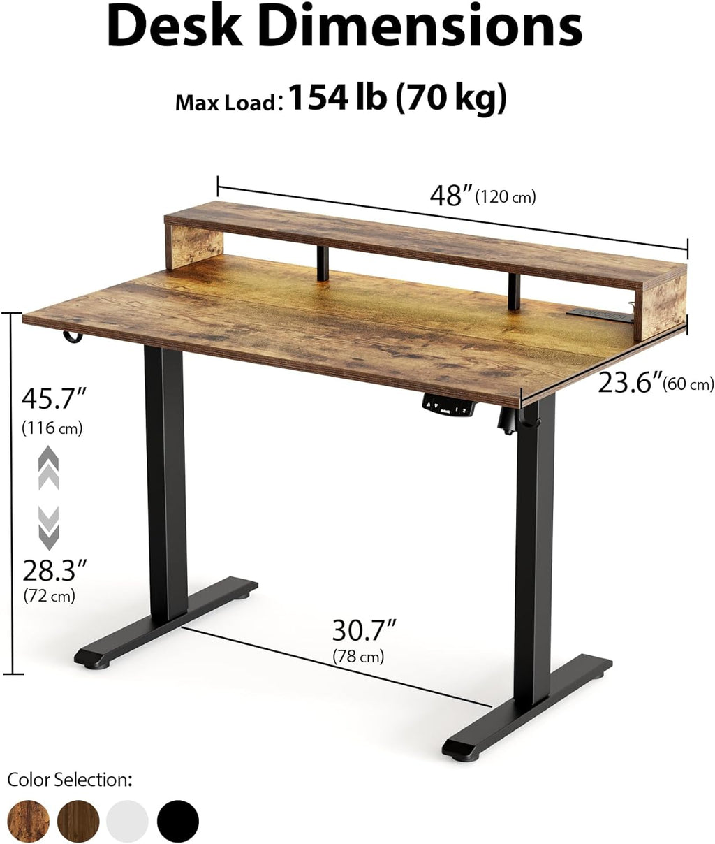 Electric Height Adjustable Standing Desk with Power Outlet and LED Light Strip, Sit to Stand, Ergonomic 48x24 Rising Desk with Memory Presets, Home Office Workstation, Computer Gaming Table, Brown