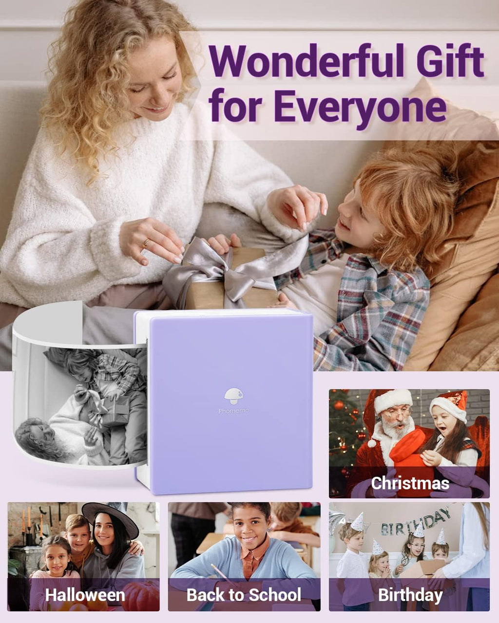 Phomemo Mini Sticker Printer- Mini Printer Sticker Maker Machine M02, Print Pods Suitable for Creative DIY, Diaries, Photos, Study Notes, Portable Thermal Inkless Label Maker for Home/Travel, Purple