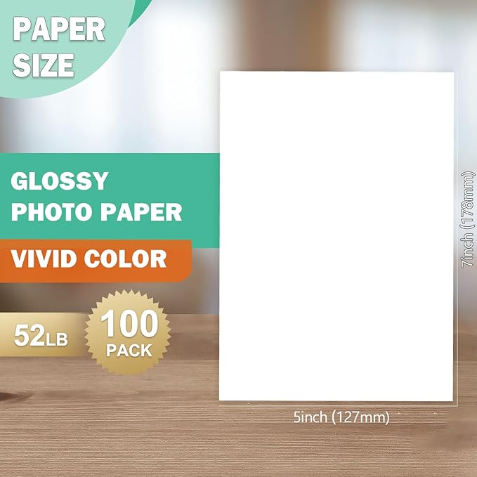 5x7 Photo Paper 100 Pack, 52lb Glossy Photo paper for Inkjet Printer, 200gsm