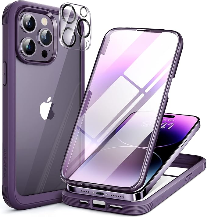 Miracase Glass Series Designed for iPhone 14 Pro Max Case 6.7 Inch, Upgrade Full-Body Bumper Case with Built-in 9H Tempered Glass Screen Protector, with Camera Lens Protector, Dark Purple