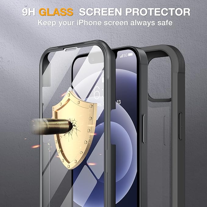 Miracase Glass Series for iPhone 12/12 Pro Case 6.1 inch, Upgraded Full-Body Rugged Phone Bumper Case Cover with Built-in 9H Tempered Glass Screen Protector and Camera Protector, Black
