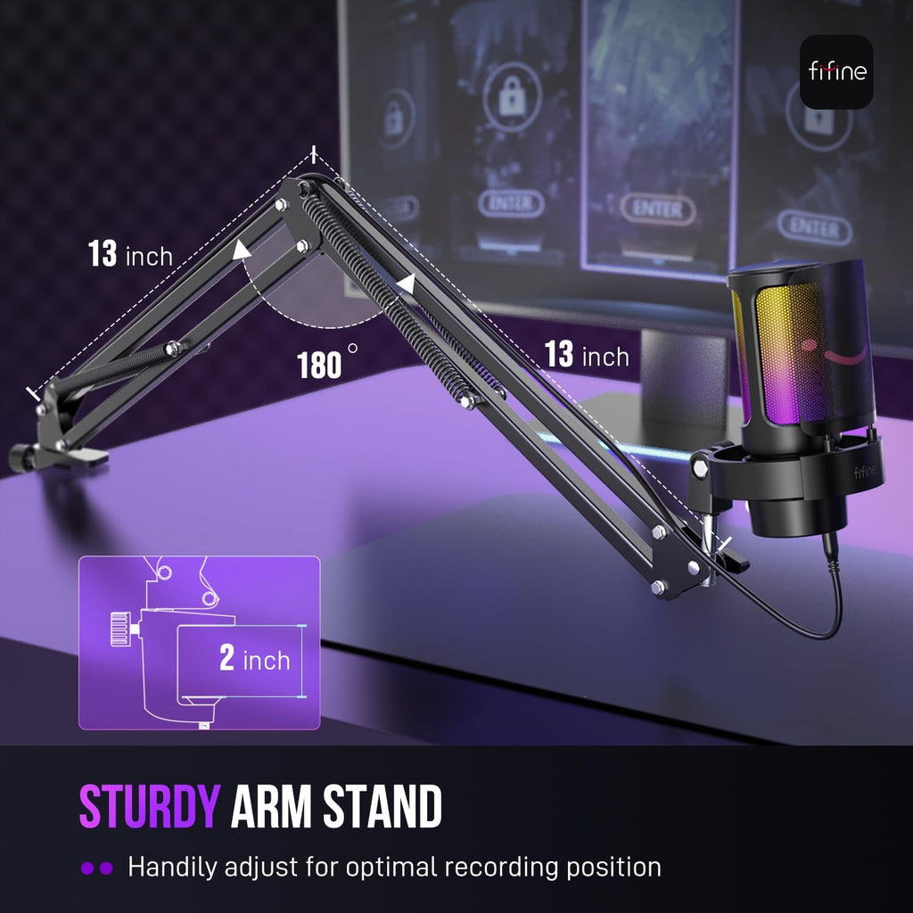 FIFINE USB Gaming Microphone Kit, PC Streaming Mic with RGB Lights, Mute, Gain Knob, Metal Boom Arm for Recording Podcast, Condenser Computer Microphone Set Compatible with PS4/PS5-AmpliGame A8T