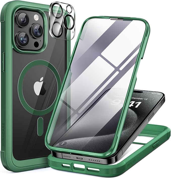 Miracase Magnetic for iPhone 15 Pro Case [Compatible with MagSafe] Full-Body Bumper Phone case with Built-in Glass Screen Protector& Camera Protector, Military Drop Proof 15 Pro Cover, Magnetic Green